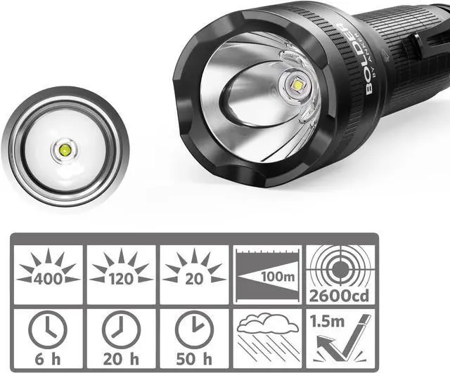 Alt view image 3 of 7 - Bolder LC40 Flashlight LED Torch Super Bright 400 Lumens CREE LED IPX5 Water Resistant 5 Modes High/Medium/Low/Strobe/SOS Indoor/Outdoor (Camping Hiking and Emergency Use)