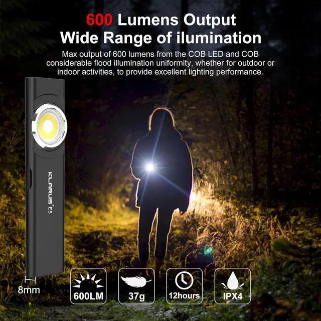 Alt view image 2 of 7 - klarus E5 Pocket Flashlight, Rechargeable EDC Flashlight, Super Slim 4.2x1x0.3inch, 600 Lumens, USB-C Port, IPX4, Dual Light Source with Magnetic Base, Hat & Clothes Clip - Black