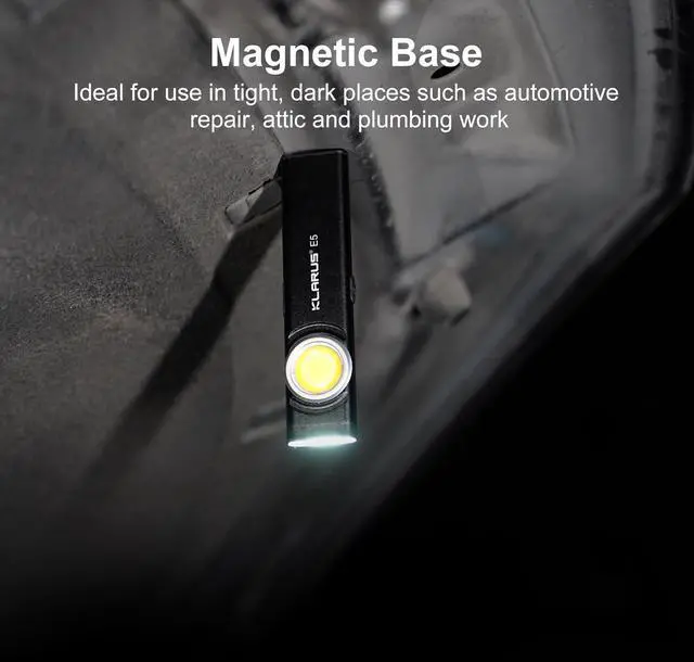 Alt view image 5 of 7 - klarus E5 Pocket Flashlight, Rechargeable EDC Flashlight, Super Slim 4.2x1x0.3inch, 600 Lumens, USB-C Port, IPX4, Dual Light Source with Magnetic Base, Hat & Clothes Clip - Black