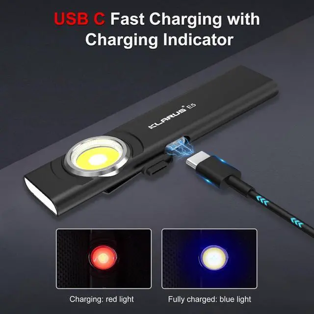 Alt view image 7 of 7 - klarus E5 Pocket Flashlight, Rechargeable EDC Flashlight, Super Slim 4.2x1x0.3inch, 600 Lumens, USB-C Port, IPX4, Dual Light Source with Magnetic Base, Hat & Clothes Clip - Black