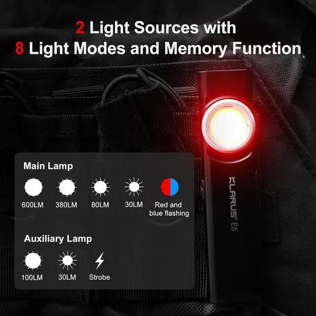 Alt view image 6 of 7 - klarus E5 Pocket Flashlight, Rechargeable EDC Flashlight, Super Slim 4.2x1x0.3inch, 600 Lumens, USB-C Port, IPX4, Dual Light Source with Magnetic Base, Hat & Clothes Clip - Black