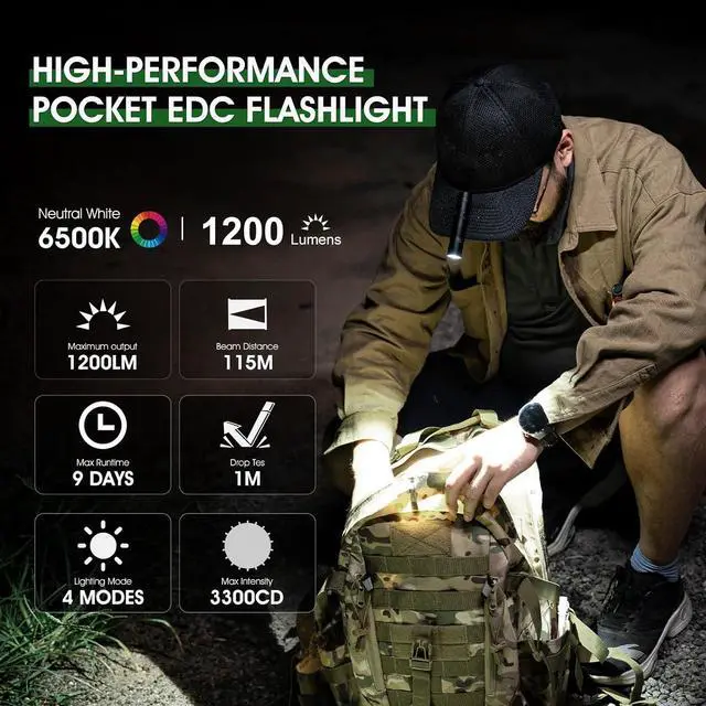 Alt view image 2 of 7 - Rechargeable Flashlights 1200 Lumens EDC Flashlight AA Pocket Flashlight High Lumens with Clip Super Bright Small Flashlight 4 Modes Flash Light for Camping Home and Emergencies (Black)
