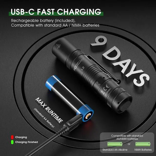 Alt view image 6 of 7 - Rechargeable Flashlights 1200 Lumens EDC Flashlight AA Pocket Flashlight High Lumens with Clip Super Bright Small Flashlight 4 Modes Flash Light for Camping Home and Emergencies (Black)