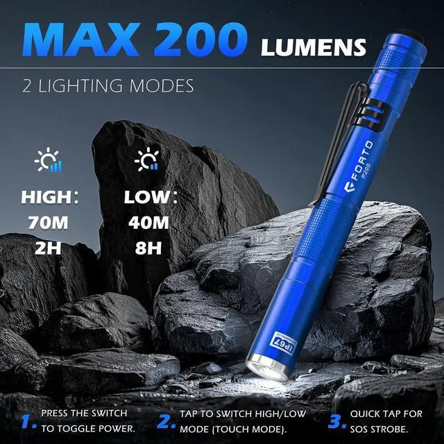 Alt view image 2 of 6 - FORTO LED Pen Light, 200 Lumens Pocket Flashlight, IP67 Waterproof, 2 Modes, 2 Pack with AAA Batteries, Lightweight & Durable for Inspection, Medical Use, Emergency(Blue)