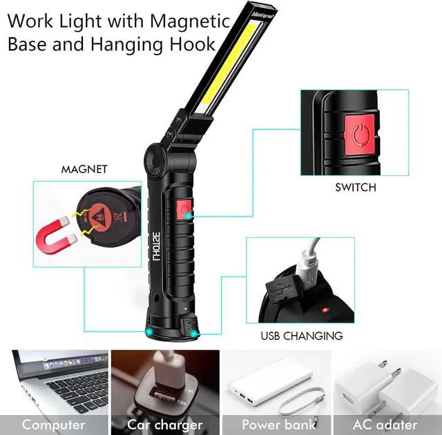 Alt view image 2 of 7 - Tool Gifts for Men Dad Him Rechargeable Work Lights LED Work Light with Magnetic Base & Hanging Hook 360°Rotate Rechargeable Flashlights for Mechanics Car Repair Home Camping (2 Pack)