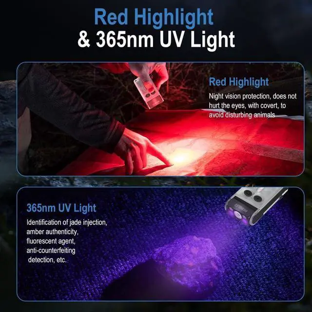 Alt view image 2 of 7 - V30 Small LED Flashlight - 365nm UV, Red/Green Light, 180° Swivel, Magnetic EDC Clip, Powerful Flashlights USB-C Rechargeable, Mini Pocket Keychain Flash Light IP65, 120dB, White