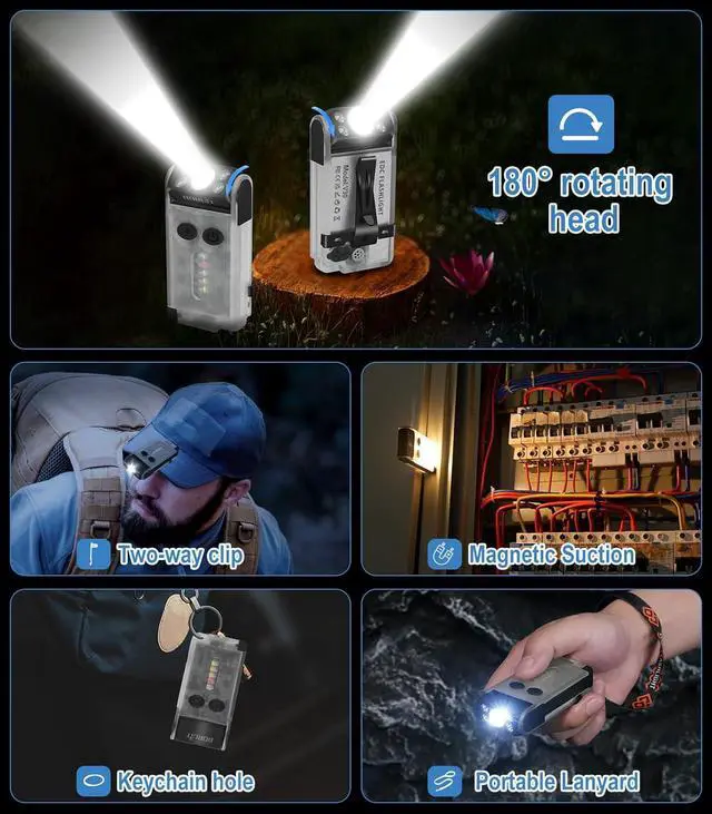 Alt view image 5 of 7 - V30 Small LED Flashlight - 365nm UV, Red/Green Light, 180° Swivel, Magnetic EDC Clip, Powerful Flashlights USB-C Rechargeable, Mini Pocket Keychain Flash Light IP65, 120dB, White