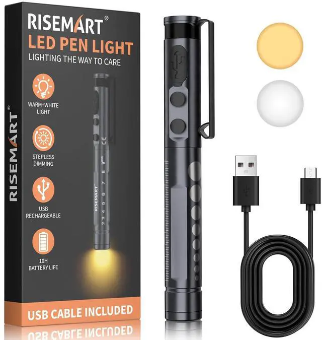 Main image of RISEMART Pen Light for Nurse, Rechargeable LED Medical PenLight, Warm/Cool White & Stepless Dimming, Portable Medical PenLight for Nurse, Doctor, First Aid, EMT, Nursing,Nursing Student (Black)