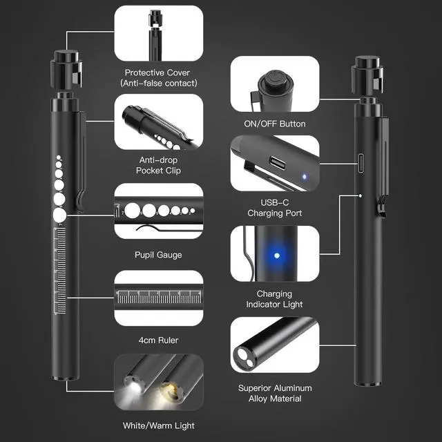 Alt view image 2 of 7 - SEVENKA 2 Rechargeable Pen Lights with Pupil Gauge & Ruler, LED Penlights for Nurses Doctors, USB-C Rechargeable, Warm/White Light, Pocket Clip, Penlight Flashlights for Nursing Student