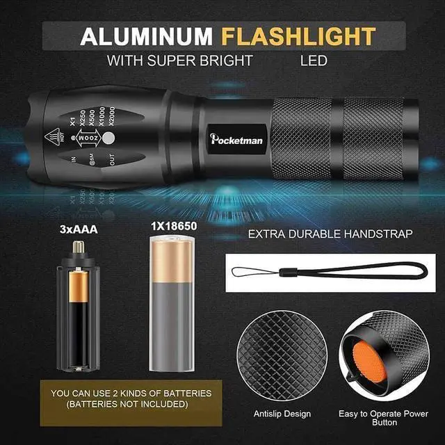 Alt view image 2 of 7 - Pocketman LED Tactical Flashlight Super Bright LED Flashlights Portable Outdoor Water Resistant Torch with 5 Light Modes10Pack