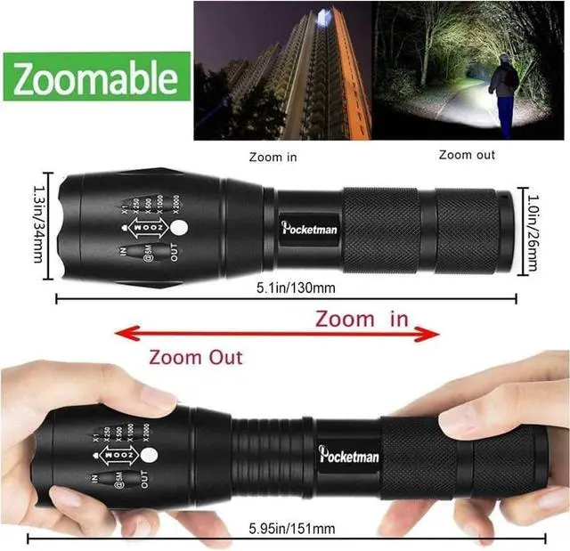Alt view image 3 of 7 - Pocketman LED Tactical Flashlight Super Bright LED Flashlights Portable Outdoor Water Resistant Torch with 5 Light Modes10Pack