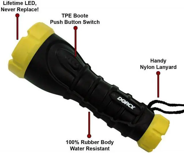 Alt view image 7 of 7 - Dorcy 180-Lumen Weatherproof Rubber LED Flashlight with Non-Slip Grip and Sealed Push Button, Assorted Colors (41-2968),Medium , Black
