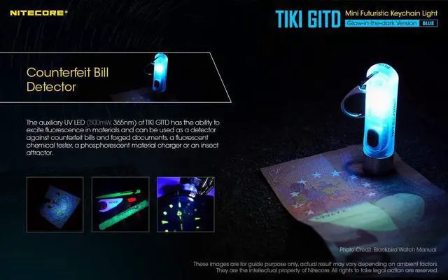 Alt view image 3 of 6 - Nitecore Tiki GITD Blue Keychain Flashlight with UV & High CRI Light, 300 Lumen Everyday Carry EDC USB-C Rechargeable with Charging Cable