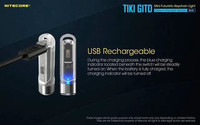 Alt view image 6 of 6 - Nitecore Tiki GITD Blue Keychain Flashlight with UV & High CRI Light, 300 Lumen Everyday Carry EDC USB-C Rechargeable with Charging Cable