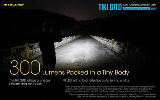 Alt view image 2 of 6 - Nitecore Tiki GITD Blue Keychain Flashlight with UV & High CRI Light, 300 Lumen Everyday Carry EDC USB-C Rechargeable with Charging Cable