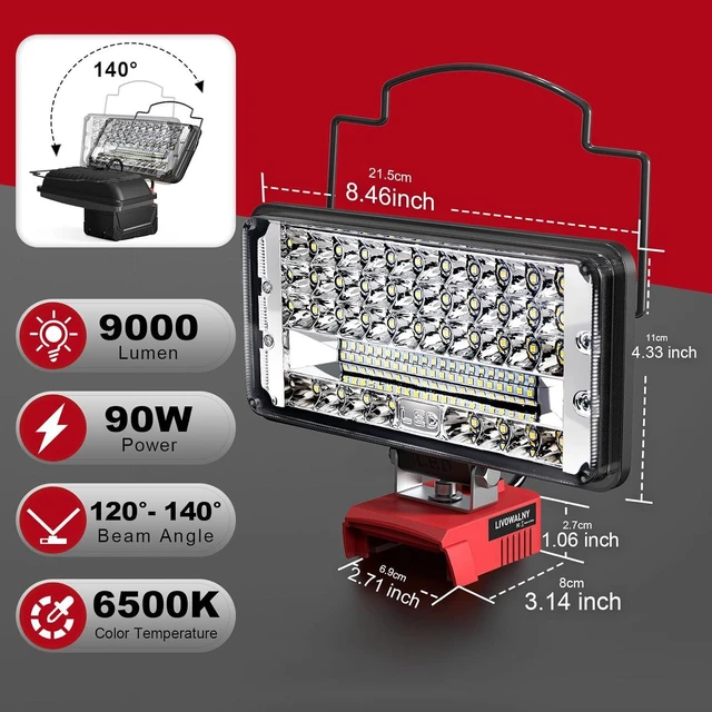 Alt view image 2 of 7 - Cordless Flood Light for Milwaukee 18V Battery, LIVOWALNY 90W 9000LM 7" 18V Light Portable LED Work Light with USB & Type-C Charging Port & Low Voltage Protection & 140° Pivoting Head
