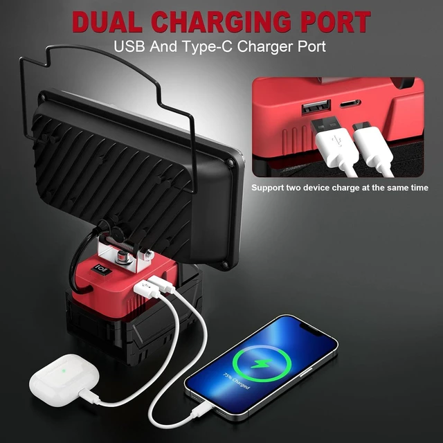 Alt view image 3 of 7 - Cordless Flood Light for Milwaukee 18V Battery, LIVOWALNY 90W 9000LM 7" 18V Light Portable LED Work Light with USB & Type-C Charging Port & Low Voltage Protection & 140° Pivoting Head