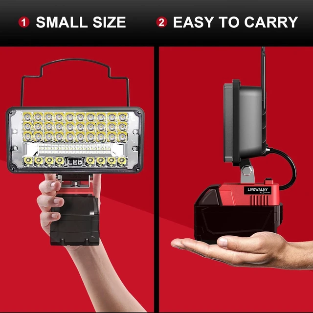 Alt view image 6 of 7 - Cordless Flood Light for Milwaukee 18V Battery, LIVOWALNY 90W 9000LM 7" 18V Light Portable LED Work Light with USB & Type-C Charging Port & Low Voltage Protection & 140° Pivoting Head