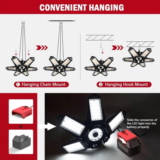 Alt view image 4 of 7 - LIVOWALNY Cordless LED Work Light for Milwaukee 18V Battery,68W 6800LM 18V LED Garage Light, Flood Light, LED Light, Hanging Light, Battery Light 6+1 Deformable Panels