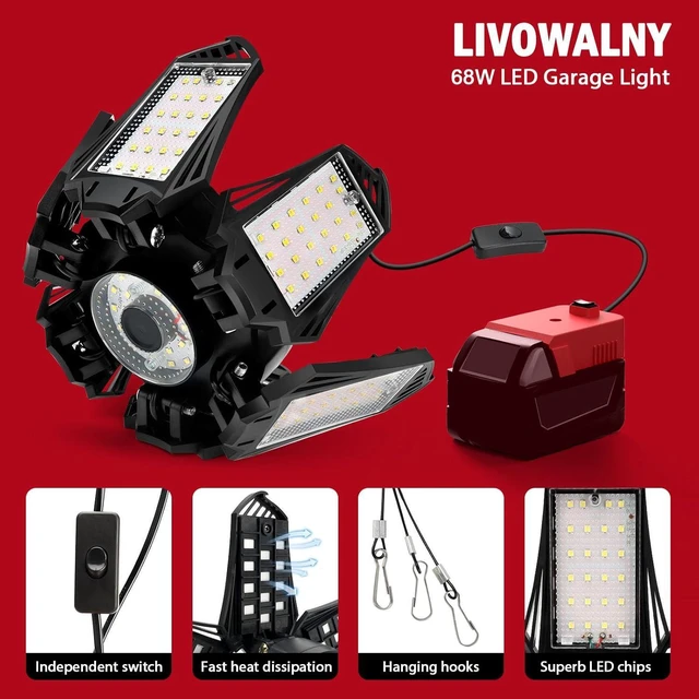 Alt view image 5 of 7 - LIVOWALNY Cordless LED Work Light for Milwaukee 18V Battery,68W 6800LM 18V LED Garage Light, Flood Light, LED Light, Hanging Light, Battery Light 6+1 Deformable Panels