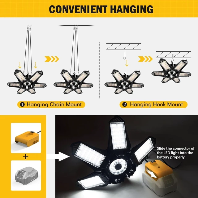 Alt view image 5 of 7 - LIVOWALNY LED Work Light for Dewalt 20V Battery, 68W 6800LM LED Garage Lights, Flood Lights, Ceiling Lights for Garage Car Repairs, Workshop, Camping