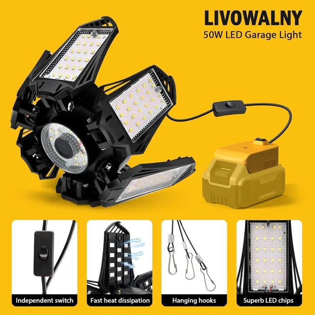 Alt view image 4 of 7 - LIVOWALNY LED Work Light for Dewalt 20V Battery, 68W 6800LM LED Garage Lights, Flood Lights, Ceiling Lights for Garage Car Repairs, Workshop, Camping