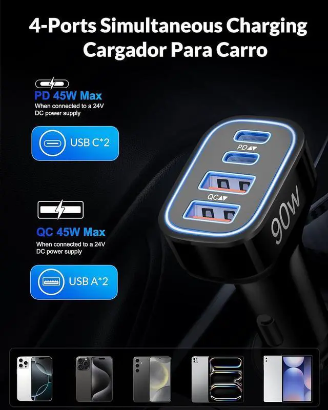 Alt view image 2 of 7 - USB C Car Charger 4-Port 90W Super Fast Car Phone Charger Accessories Dual 45W USB-C & USB-A Cargador Carro Adapter Cigarette Lighter for iPhone 16e 16 15 14 13 12  S25 S24 Tablet Android
