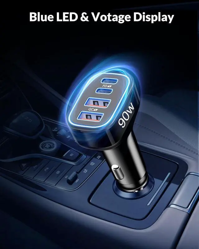 Alt view image 7 of 7 - USB C Car Charger 4-Port 90W Super Fast Car Phone Charger Accessories Dual 45W USB-C & USB-A Cargador Carro Adapter Cigarette Lighter for iPhone 16e 16 15 14 13 12  S25 S24 Tablet Android