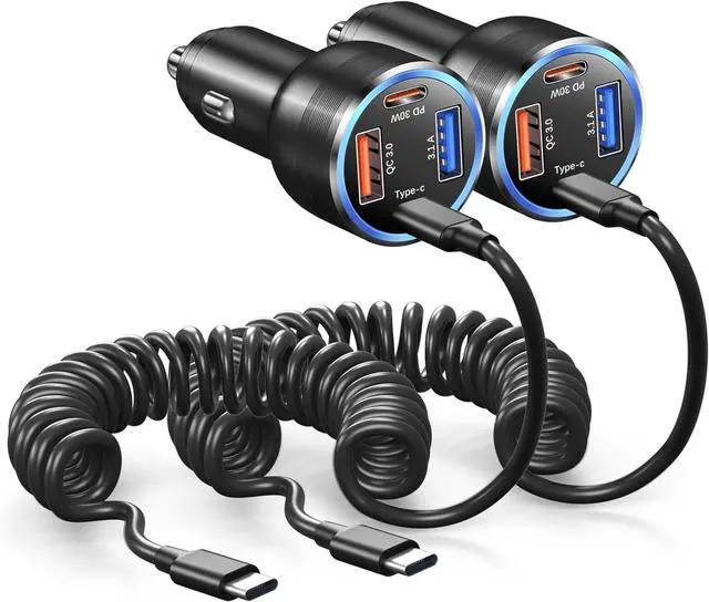 Main image of 65W Super Fast Type C Car Charger for Samsung Galaxy S25 S24 S23 Ultra, 2Pack 4-Port USB C Car Charger for Samsung A13 A14 A15 A16 A53 A54 S22FE Note 20 Android Car Adapter+5FT Type C Coiled Cable