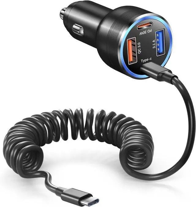 Main image of USB C Car Charger, Bangfun 65W 4-Port Dual 12V USB Car Power Charger PD&QC3.0 Fast Charging Cigarette Lighter Adapter Plug for iPhone 15 16 Pro Max iPad Samsung S25+5ft Type C Coiled Cable (Black)