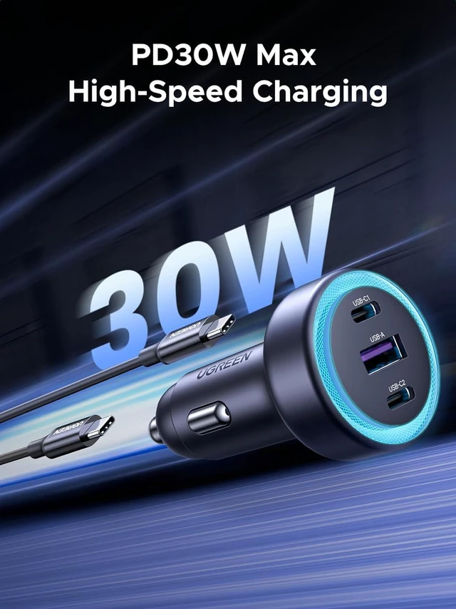 Alt view image 2 of 7 - UGREEN 30W USB C Car Charger, 3-Port Dual USB-C Fast Charging Adapter, Type C A Phone Charger, PD/QC 3.0 Car Accessories Compatible for iPhone 16 15 Pro Max, Pixel 9 8 7, Galaxy S25 S24 S23, iPad