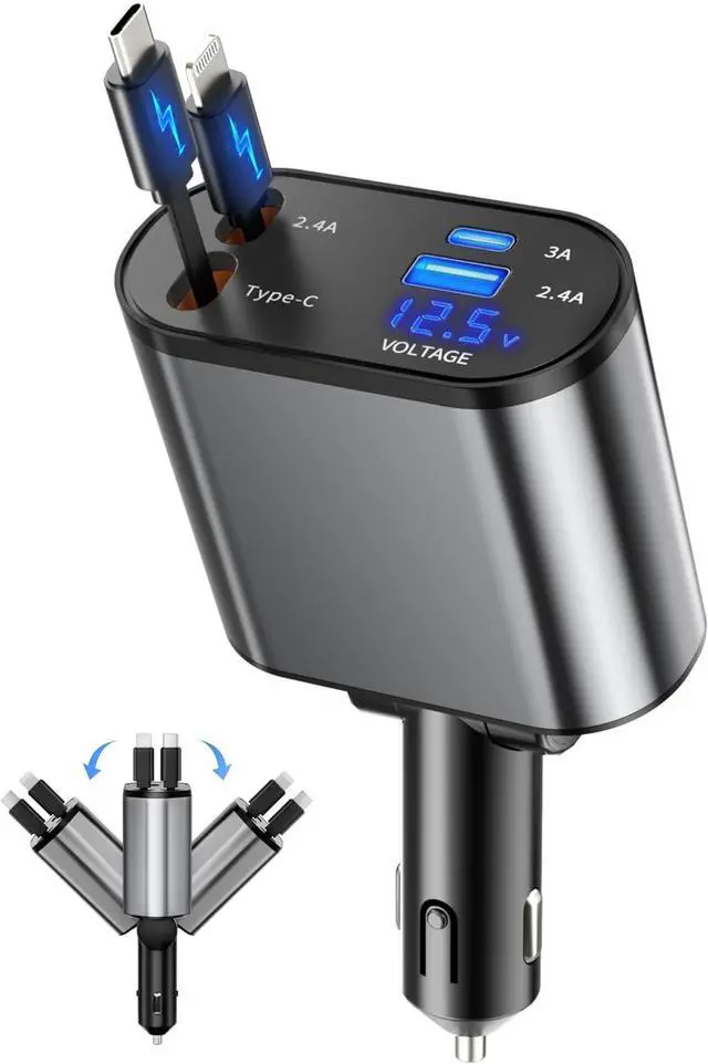 Main image of Retractable Car Charger 4 in 1 Fast Charging Car Charger USB-C & USB-A Compatible with iPhone 16/15/14/13/12/11 Galaxy Pixel
