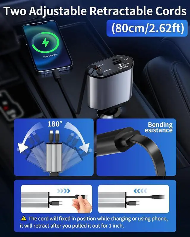 Alt view image 2 of 7 - Retractable Car Charger 4 in 1 Fast Charging Car Charger USB-C & USB-A Compatible with iPhone 16/15/14/13/12/11 Galaxy Pixel
