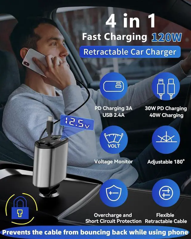 Alt view image 3 of 7 - Retractable Car Charger 4 in 1 Fast Charging Car Charger USB-C & USB-A Compatible with iPhone 16/15/14/13/12/11 Galaxy Pixel
