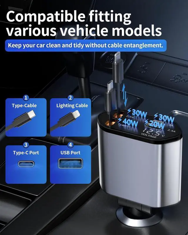 Alt view image 5 of 7 - Retractable Car Charger 4 in 1 Fast Charging Car Charger USB-C & USB-A Compatible with iPhone 16/15/14/13/12/11 Galaxy Pixel