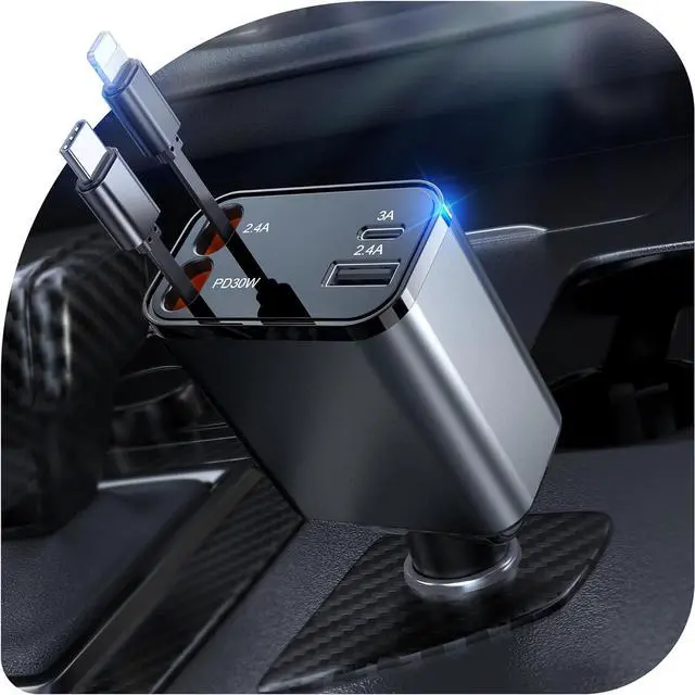 Main image of 69W Retractable Car Charger 4-in-1 Fast Car Phone Charger with 2.6ft Two Retractable Cables and USB C+USB A Car Charging Block Cube Compatible with iPhone 16 15 14 13 12 Pro Max Plus Galaxy Pixel