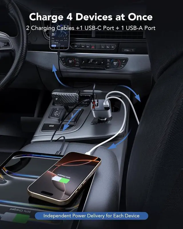 Alt view image 5 of 7 - 69W Retractable Car Charger 4-in-1 Fast Car Phone Charger with 2.6ft Two Retractable Cables and USB C+USB A Car Charging Block Cube Compatible with iPhone 16 15 14 13 12 Pro Max Plus Galaxy Pixel