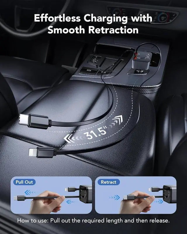 Alt view image 4 of 7 - 69W Retractable Car Charger 4-in-1 Fast Car Phone Charger with 2.6ft Two Retractable Cables and USB C+USB A Car Charging Block Cube Compatible with iPhone 16 15 14 13 12 Pro Max Plus Galaxy Pixel