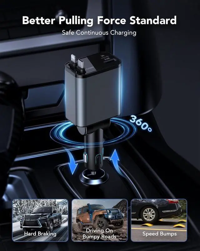 Alt view image 7 of 7 - 69W Retractable Car Charger 4-in-1 Fast Car Phone Charger with 2.6ft Two Retractable Cables and USB C+USB A Car Charging Block Cube Compatible with iPhone 16 15 14 13 12 Pro Max Plus Galaxy Pixel