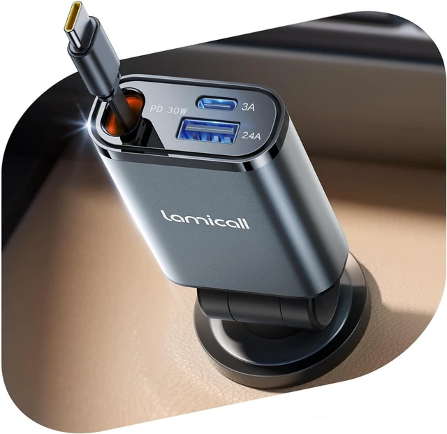 Main image of Lamicall 3 in 1 Retractable Car Charger Adapter -2025 Ultra Compact 57W Cigarette Lighter USB Charger, Car Phone Charge with Retractable Type-C Cable/USB C/USB A, 12V/24V Socket for iPhone, Android