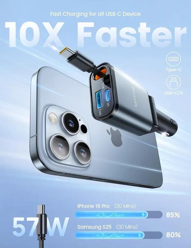 Alt view image 3 of 7 - Retractable Car Charger USB C Fast Charging [Ultra-Compact 75% Less Space] 57W Type C Car Phone Charger fit iPhone 16 16e 15 Pro Max Plus Galaxy S25 S24 Ultra Pixel Android