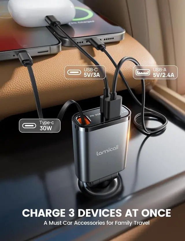 Alt view image 4 of 7 - Retractable Car Charger USB C Fast Charging [Ultra-Compact 75% Less Space] 57W Type C Car Phone Charger fit iPhone 16 16e 15 Pro Max Plus Galaxy S25 S24 Ultra Pixel Android