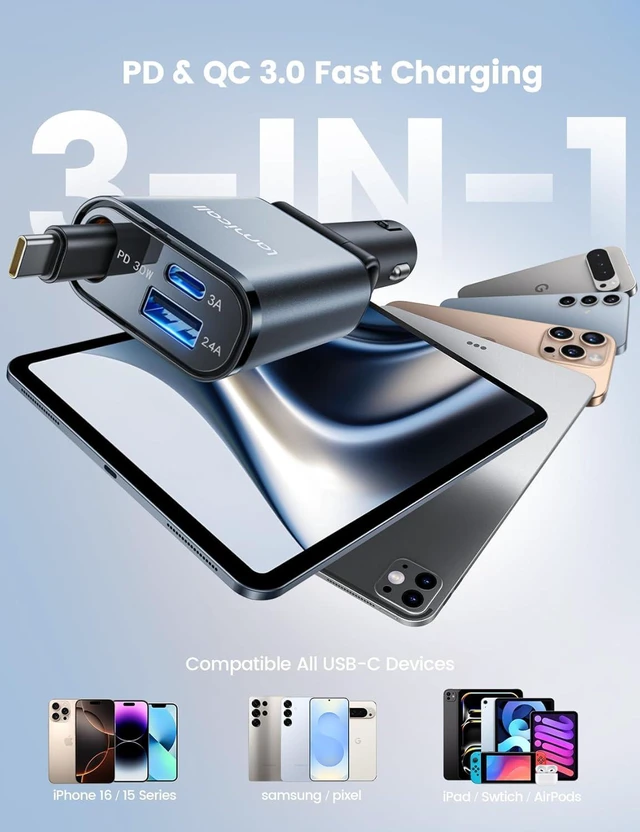 Alt view image 6 of 7 - Lamicall 3 in 1 Retractable Car Charger Adapter -2025 Ultra Compact 57W Cigarette Lighter USB Charger, Car Phone Charge with Retractable Type-C Cable/USB C/USB A, 12V/24V Socket for iPhone, Android