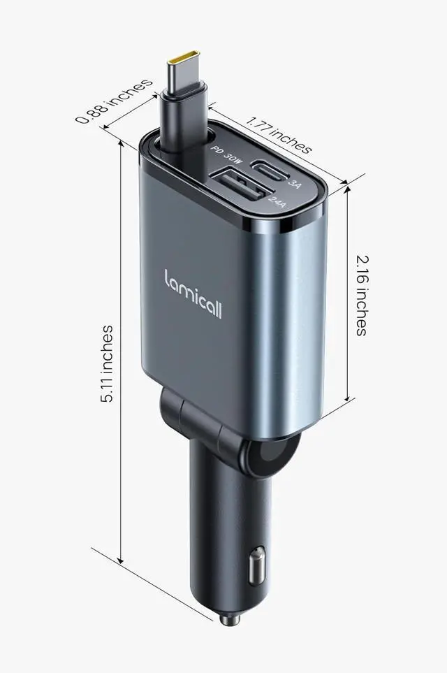 Alt view image 7 of 7 - Retractable Car Charger USB C Fast Charging [Ultra-Compact 75% Less Space] 57W Type C Car Phone Charger fit iPhone 16 16e 15 Pro Max Plus Galaxy S25 S24 Ultra Pixel Android