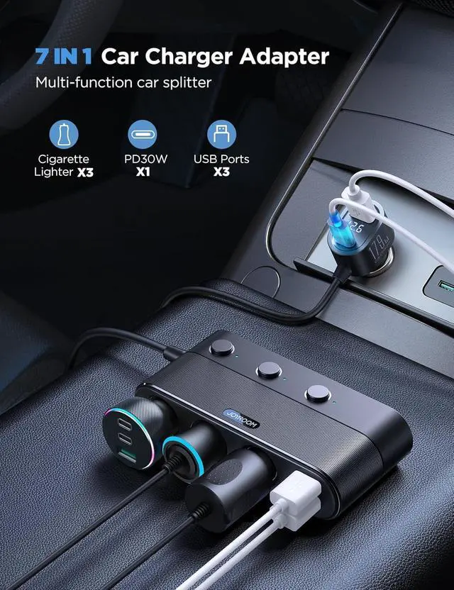 Alt view image 3 of 7 - 179W 7 in 1 Cigarette Lighter Splitter, PD30W Fast Charging Adapter for Car