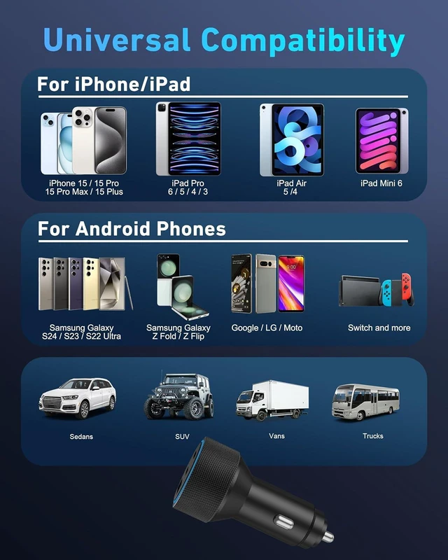 Alt view image 5 of 7 - for iPhone 16/15 Car Charger Fast Charging, 67W 3-Port Super Fast USB C Car Charger Cigarette Lighter Adapter with 6FT Type C Coiled Cable for iPhone 16e/16/15 Pro Max/Plus, Samsung, Tablet, Android