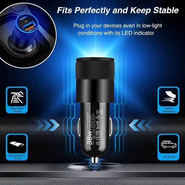 Alt view image 7 of 7 - USB C Car Charger 2 Pack 38W Dual Ports USB-C & USB-A Car Charger Adapter Fast Charging Cigarette Lighter Chargers for iPhone16e 16 15 14 13  S24 Pixel Cargador para Carro Phone Plug