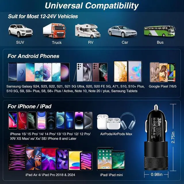 Alt view image 6 of 7 - USB C Car Charger 2 Pack 38W Dual Ports USB-C & USB-A Car Charger Adapter Fast Charging Cigarette Lighter Chargers for iPhone16e 16 15 14 13  S24 Pixel Cargador para Carro Phone Plug