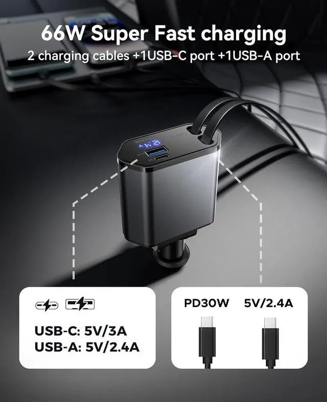 Alt view image 4 of 7 - Retractable Car Charger, 4 in 1 Fast Car Phone Charger, Double Type C Retractable Cables and 2 USB Ports Car Charger Adapter Compatible with iPhone 15/14/13/12/11 Pro max, Galaxy, Google Pixel