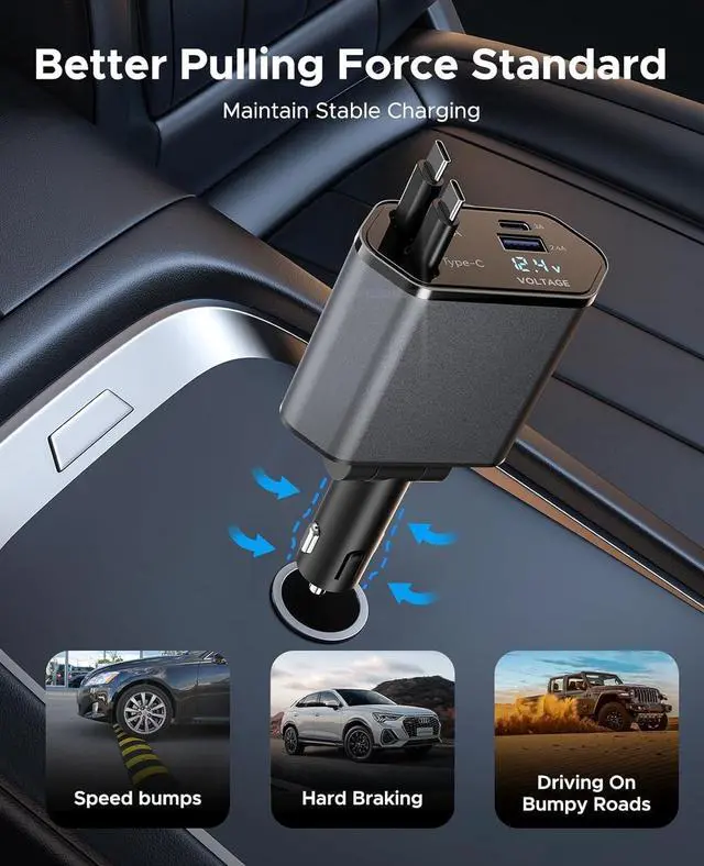Alt view image 7 of 7 - Retractable Car Charger, 4 in 1 Fast Car Phone Charger, Double Type C Retractable Cables and 2 USB Ports Car Charger Adapter Compatible with iPhone 15/14/13/12/11 Pro max, Galaxy, Google Pixel